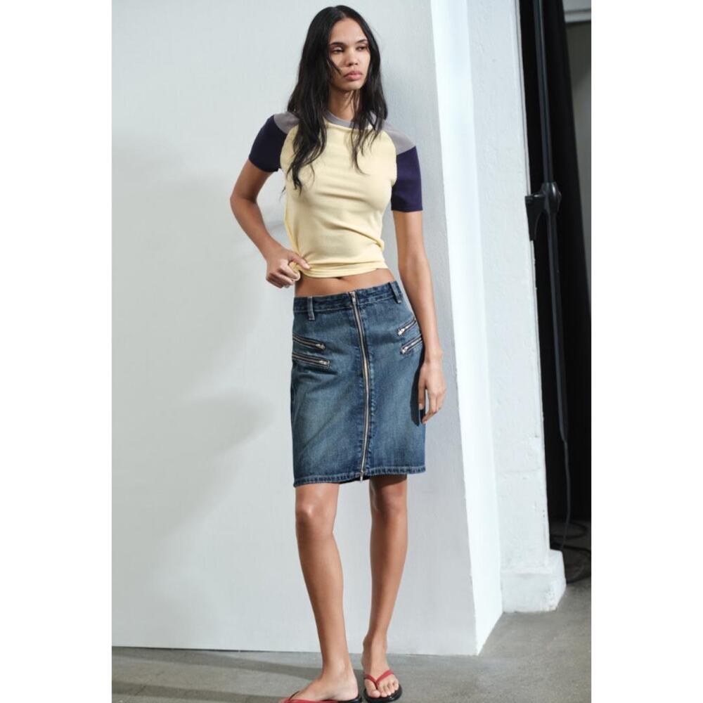 NWT Zara TRF Zipper Denim Skirt Size Large Blue Indigo Zip Front Moto Biker $50